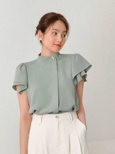 Mock Neck Butterfly Sleeve Button Front Blouse