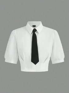Qutie Solid Crop Shirt With Tie