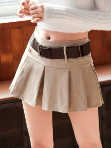 Solid Pleated Skirt With Belt