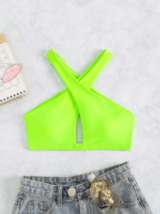 Neon Lime Cut Out Wrap Cross Bikini Top
